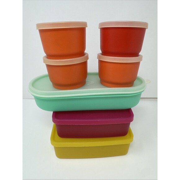 7x Vintage Tupperware Snack Set - 2 square away keeper 4 cups orange red yellow - Picture 12 of 15